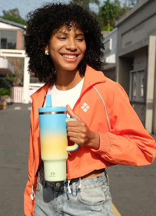 ENCOOL 32 oz Tumbler with Handle and Straw: Stainless Steel Insulated Tumbler Keeps Cold for 24 Hours, Leakproof Travel Cup Fits in Cup Holder and BPA-Free, Sunny Breeze