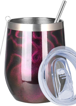 MEZMUT 12 Oz Insulated Wine Tumbler with Lid Double Wall Vacuum Stainless Steel Wine Glass Coffee Mug Insulated Tumbler Cup for Champaign, Cocktail, Beer (Purple Gold, 1 Pack)