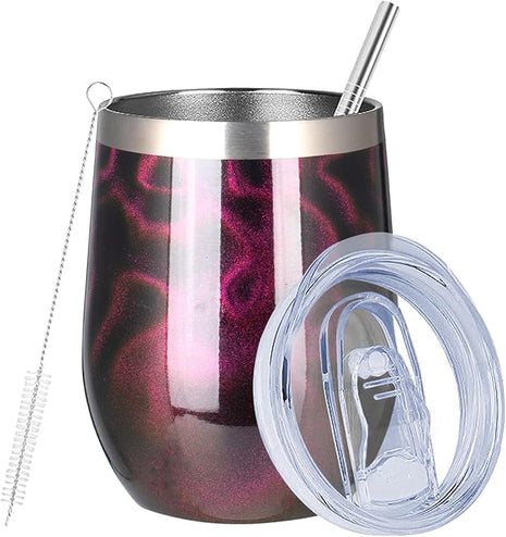 MEZMUT 12 Oz Insulated Wine Tumbler with Lid Double Wall Vacuum Stainless Steel Wine Glass Coffee Mug Insulated Tumbler Cup for Champaign, Cocktail, Beer (Purple Gold, 1 Pack)