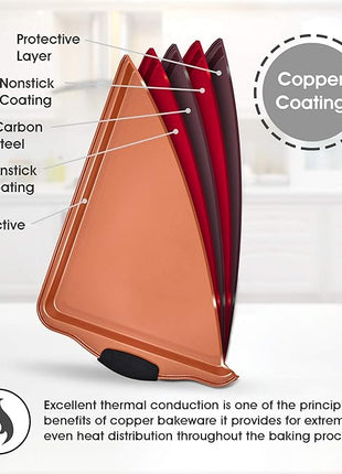 Perlli Baking Sheet 4 Piece Set Nonstick Copper Carbon Steel Oven Bakeware Kitchen Set with Silicone Grips, Includes 2x 9x13" Cookie Sheets, 9x13" Baking Pan with Plastic Lid