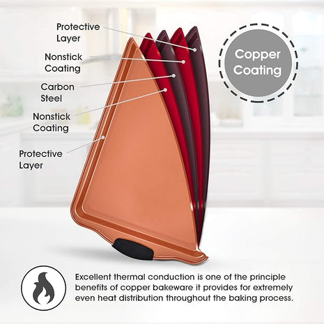 Perlli Baking Sheet 4 Piece Set Nonstick Copper Carbon Steel Oven Bakeware Kitchen Set with Silicone Grips, Includes 2x 9x13" Cookie Sheets, 9x13" Baking Pan with Plastic Lid