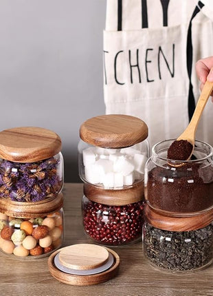 SAIOOL Kitchen Canisters Set of 6-8.5oz Glass Spice Jars With Acacia Airtight Lid and Labels Round Spice Bottles for kitchen Seasoning Baby Food Kids Snacks Meal Prep Containers Candle