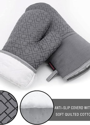 Oven Mitts and Pot Holders Sets 6pcs, Kitchen Oven Glove,High Heat Resistant 550 Degree Extra Long Oven Mitts and Potholders with Non-Slip Silicone Surface for Apartment Essentials (Grey) (Gray)