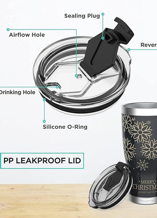 HAUSHOF 20oz Christmas Tumbler, Stainless Steel and Double Wall Insulated Travel Coffee Mug with Lid, Good Choice for Christsmas Gifts-Black with Snowflakes