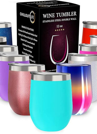 CHILLOUT LIFE 12 oz Stainless Steel Wine Tumbler with Lid - Double Wall Vacuum Insulated Wine Cup Glass Keeping Cold & Hot for Coffee, Champagne, Cocktails, Ice Cream - Powder Coated Aqua Blue