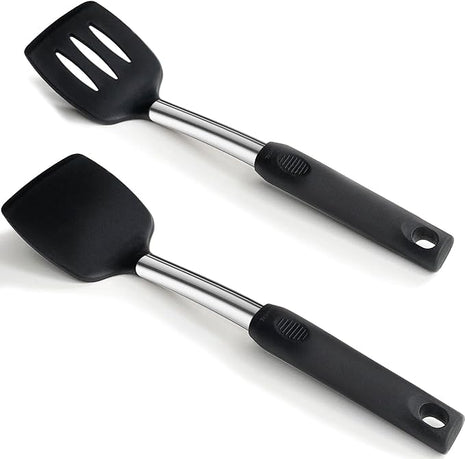 2 Pack Solid & Slotted Silicone Spatula Set, 600F Heat-Resistant No-Melt Handle and Blade, Kitchen Cooking Utensils for Nonstick Cookware, Spatula Turner for Egg,Pancake,Burger- Dishwasher Safe