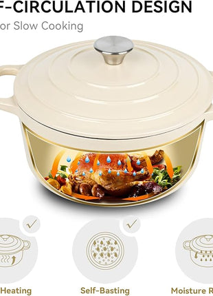 Miereirl 6 Quart Enameled Dutch Oven Pot with Lid, Cast Iron Dutch Oven with Dual Handles for Bread Baking, Cooking, Non-stick Enamel Coated Cookware (Beige)