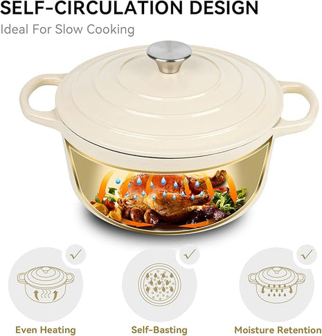 Miereirl 6 Quart Enameled Dutch Oven Pot with Lid, Cast Iron Dutch Oven with Dual Handles for Bread Baking, Cooking, Non-stick Enamel Coated Cookware (Beige)