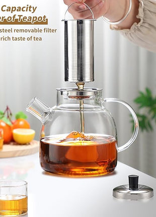 50OZ Glass Teapot With Infuser, Tea Pot for Stove Top, 1500ML Glass Tea Cup With Infuser and Lid, Microwave and Dishwasher Safe