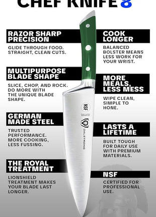 Dalstrong Chef Knife - 8 inch Blade - Gladiator Series - Forged High Carbon German Steel - Razor Sharp Kitchen Knife - Professional Full Tang Knives - Army Green Handle ABS - Sheath - NSF Certified