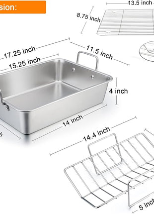 TeamFar Stainless Steel Roasting Pan, 16 Inch Large Turkey Roaster Lasagna Pan with V Rack & Cooling Rack Set for Roasting, Baking, Healthy & Heavy Duty, Deep Side & Dishwasher Safe - 3 PCS