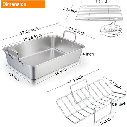 TeamFar Stainless Steel Roasting Pan, 16 Inch Large Turkey Roaster Lasagna Pan with V Rack & Cooling Rack Set for Roasting, Baking, Healthy & Heavy Duty, Deep Side & Dishwasher Safe - 3 PCS