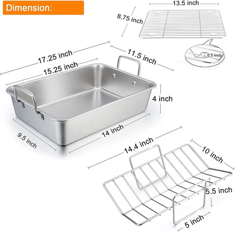 TeamFar Stainless Steel Roasting Pan, 16 Inch Large Turkey Roaster Lasagna Pan with V Rack & Cooling Rack Set for Roasting, Baking, Healthy & Heavy Duty, Deep Side & Dishwasher Safe - 3 PCS