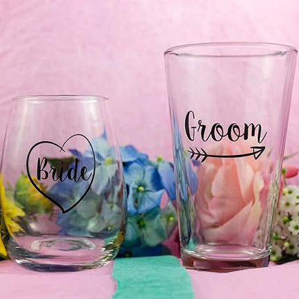 Cute Wedding Gifts - Bride and Groom Novelty Wine Glass and Beer Glass Combo - Engagement Gift for Couples