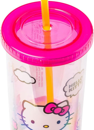 Silver Buffalo Sanrio Hello Kitty Spring and Summer Flowers Rainbow Stripes Plastic Cold Cup with Lid and Straw, 20 Ounces