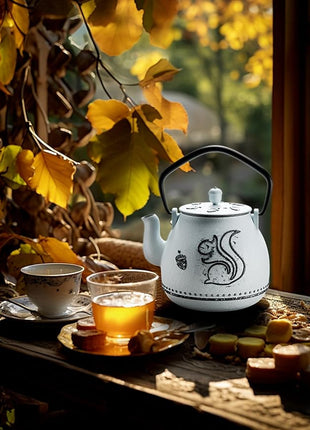 Toptier Teapot with Removable Infuser, Cast Iron Tea Kettle Stovetop Safe, Squirrel Design Tea Pot Coated with Enameled Interior for 32 Ounce (950 ml), Light Blue