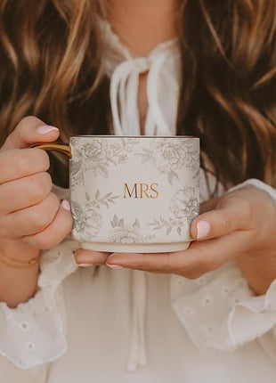 Sweet Water Decor Mrs Mug, 14oz Fine Bone China Coffee Cup with Gold Handle and Grey Delft Pattern, Bridal Shower Gift for Wedding Bride, Engagement & Newlyweds