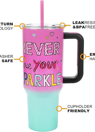 Bioworld Hello Kitty “Never Lose Your Spark” Vacuum Insulated 40 Oz. Pink & Green Ombre Stainless Steel Tumbler with Leak-Proof Lid & Easy Carry Handle for Travel or Home