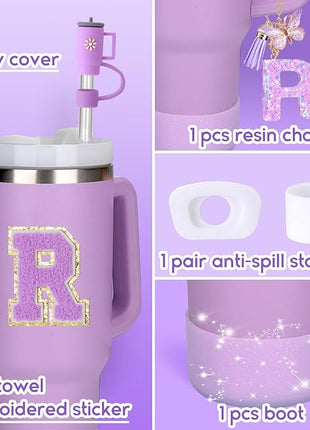 Mity rain 6PCS Cup Accessories Set for Stanley Cup 30oz 40oz tumbler with handle, Including Silicone Straw Topper Cover Cap and Boot, Spill Proof Stopper, Handle Charm, Initials Sticker (Letter R)