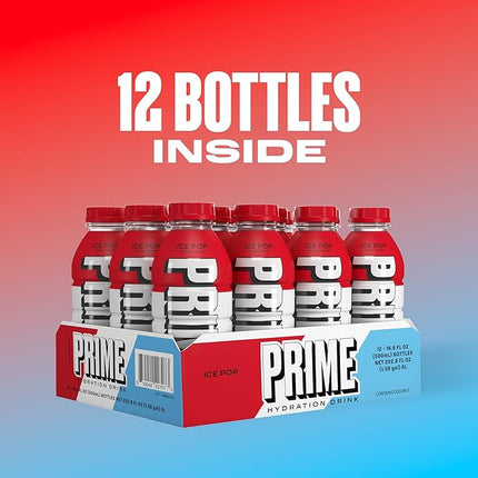 PRIME Hydration ICE POP, Sports Drinks, Electrolyte Enhanced for Replenishing Fluids, 250mg BCAAs, B Vitamins, Antioxidants, Low Sugar, 16.9 Fl Oz, 12 Pack