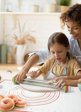 Stainless Steel Rolling Pin and Silicone Mat Set, Adjustable Thickness Rings - For Baking Dough, Pizza, Pies, Pastries, Pasta, Cookies