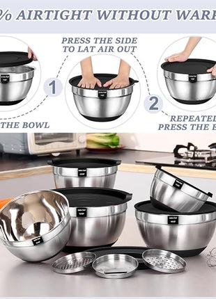 Umite Chef Mixing Bowls with Airtight Lids, 8PCS Stainless Steel Nesting Mixing Bowls Set, 3 Grater Attachments & Non-Slip Bottoms, Black Kitchen Bowls, Size 5, 4, 3.5, 2, 1.5QT for Baking & Serving