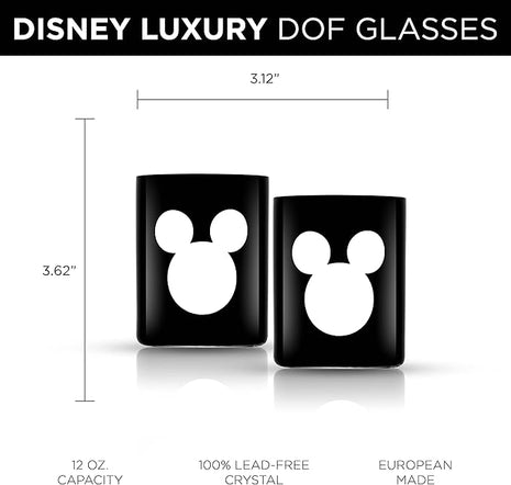 JoyJolt Disney Luxury Mickey Mouse Double Old Fashioned Whiskey Glasses. 2x European Crystal Bar Glasses. Premium Xmas Disney Stuff, Gifts and Cups. 12oz Black Drinking Glasses, Disney Tumbler