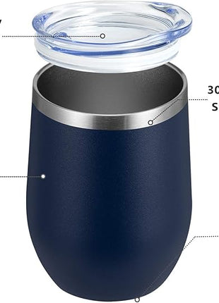 MEWAY Stemless 12oz Wine Tumbler Glasses with Lid -Insulated Double Wall Vacuum Stainless Steel Travel Tumbler with Straw,for Woman Under 10 dollars (Navy,1)