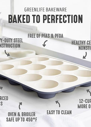 GreenLife 12-Cup Muffin Pan, PFAS-Free Healthy Nonstick Baking Tray, 11.4" x 1.9" x 15.9", Durable Ceramic Bakeware, Cupcakes, Egg Bites, Tarts, Brownies, Black