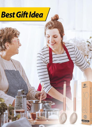 Pack of 2 Large Silicone Cooking Spoons,Non Stick Solid Basting Spoon,Heat-Resistant Kitchen Utensils for Mixing,Serving,Draining,Stirring (ROSE GOLD KHAKI)