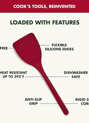 GreenPan Silicone Solid Turner Spatula, Flipping Cooking Kitchen Utensil, Flexible Rubber Nonstick Cookware, Rigid Steel Core, Heat-Resistant, Anti-Slip Handle, BPA-Free, Dishwasher Safe, Red