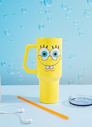 Silver Buffalo SpongeBob SquarePants Stainless Steel Tumbler with Handle, Fits in Standard Cup Holder, 40 Ounces