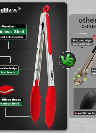 Walfos Kitchen Tongs - 7" 9" and 12" Heat Resistant Cooking Tongs, Stainless Steel and BPA Free Silicone Tips, Great for Cooking, Salad, Grilling, Turning, Dishwasher safe,set of 3