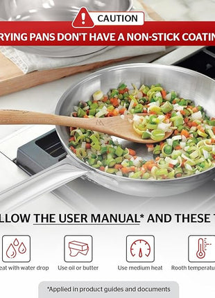 Sunhouse 9 Inch Tri-Ply Stainless Steel Frying Pan, Whole-Clad No Coatings Skillet with Stay-cool Handle for Cooking, Durable & Oven Safe to 500°F, Dishwasher Safe, Compatible with All Cooktops