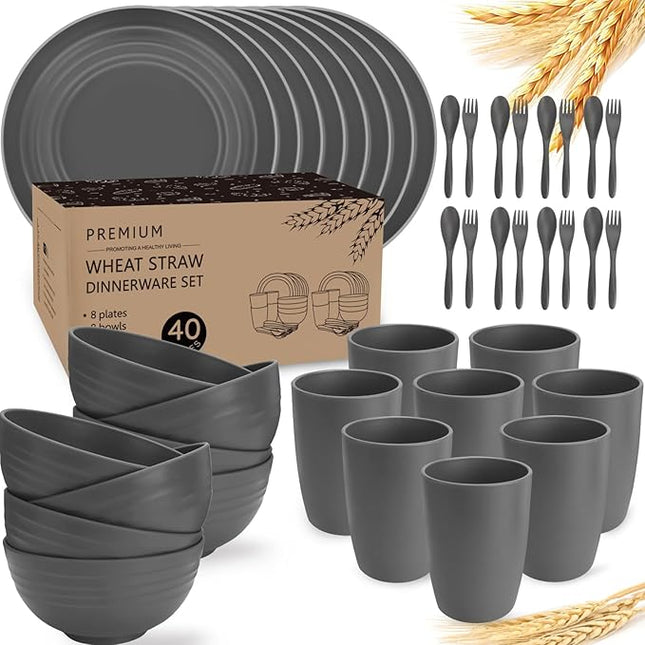 Shopwithgreen Wheat Straw Dinnerware Sets for 8, 40 PCS Unbreakable Plates and Bowls Sets, Reusable Dinner Dishes Set, Bowls, Cups,Plates for Camping, Kitchen, RV, Dorm,Dishwasher Microwave Safe