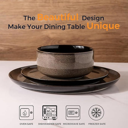 LeRatio Ceramic Dinnerware Sets for 4,12-Piece Plates and Bowls,Handmade Reactive Glaze Dishes Set, Scratch Resistant | Oven&Dishwasher & Microwave Safe,Service for 4（12pcs),Modern-Chestnut