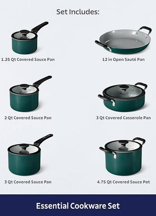 Tramontina Ceramic Non Stick 11-Piece Nesting Pots and Pans Set with Lids - Stackable Nonstick Cookware Set, Dishwasher and Oven Safe, Teal