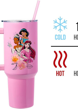 Silver Buffalo Disney Princess Featuring Cinderella, Mulan, Belle, Ariel, Tiana, and Jasmine Stainless Steel Tumbler with Handle and Straw, Fits in Standard Cup Holder, 40 Ounces