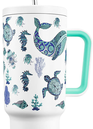 Meoky 40 oz Glow in the Dark Tumbler with Handle and Straw, Tumbler with Lid and Straw, Insulated Stainless Steel Travel Mug, 100% Leak-proof, Keeps Cold for 34 Hours (Sea Life)