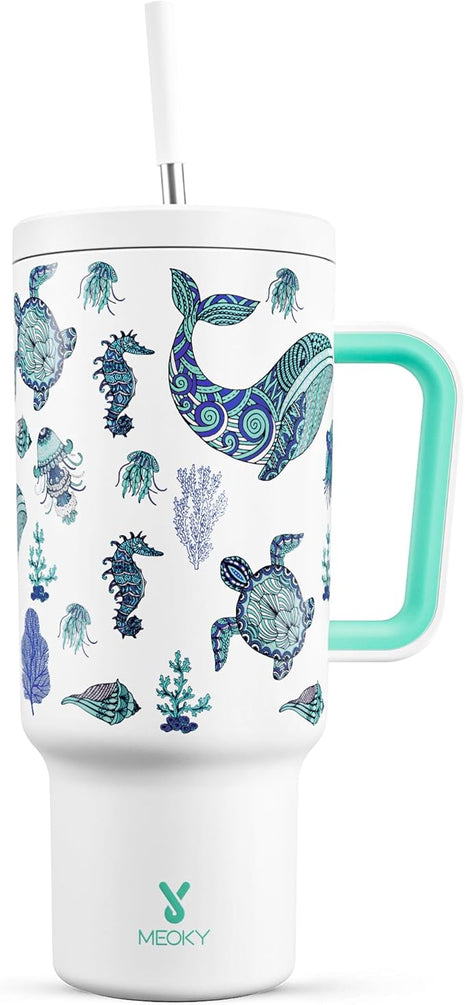 Meoky 40 oz Glow in the Dark Tumbler with Handle and Straw, Tumbler with Lid and Straw, Insulated Stainless Steel Travel Mug, 100% Leak-proof, Keeps Cold for 34 Hours (Sea Life)
