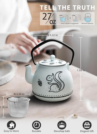 Toptier Teapot with Removable Infuser, Cast Iron Tea Kettle Stovetop Safe, Squirrel Design Tea Pot Coated with Enameled Interior for 32 Ounce (950 ml), Light Blue