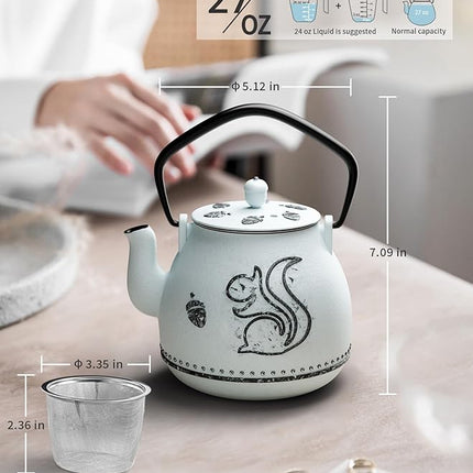 Toptier Teapot with Removable Infuser, Cast Iron Tea Kettle Stovetop Safe, Squirrel Design Tea Pot Coated with Enameled Interior for 32 Ounce (950 ml), Light Blue