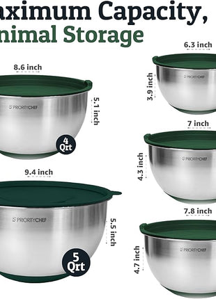 Priority Chef Stainless Steel Mixing Bowls with Lids Set, 3 Grater Attachments, Airtight Lids, Non-Slip Silicone Base Mixing Bowl Set, Large Prep Metal Mixing Bowls for Kitchen, Green