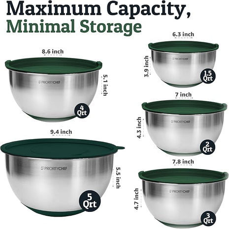 Priority Chef Stainless Steel Mixing Bowls with Lids Set, 3 Grater Attachments, Airtight Lids, Non-Slip Silicone Base Mixing Bowl Set, Large Prep Metal Mixing Bowls for Kitchen, Green