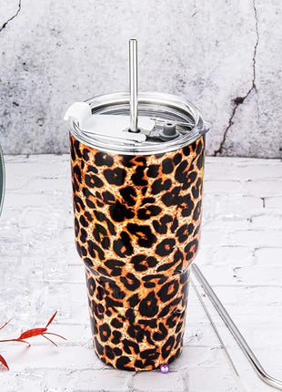 30oz Leopard Tumbler Stainless Steel Insulated Travel Mug with Straw Lid Cleaning Brush (30 oz Leopard), 1 Count (Pack of 1)