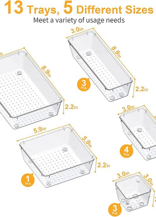 SMARTAKE 13-Piece Drawer Organizers with Non-Slip Silicone Pads, 5-Size Desk Bathroom Drawer Organizer Trays Storage Tray for Makeup, Jewelries, Utensils in Bedroom Dresser, Office and Kitchen, Clear