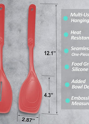 2 Pack Large Silicone Cooking Spoon, Non-Stick Slotted and Solid Spoon set with Deep Bolw and Measurement Mark for Mixing, Serving, Draining, Scooping, Scraping, Heat Resistant Kitchen Utensils, Red