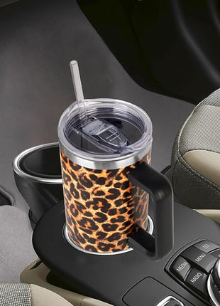 SYACOT 40 oz Tumbler with Handle and Straw Stainless Steel Insulated Tumbler Leak Proof Lid and Straw Lid Reusable Travel Mug Coffee Mug Cup Dishwasher Safe Keep Drinks Cold and Hot (Leopard)
