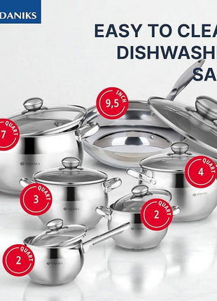 Daniks Classic 12-Piece Stainless Steel Cookware Set with Saucepan and Frying Pan, Glass Lids, Induction Compatible, Dishwasher Safe, Silver