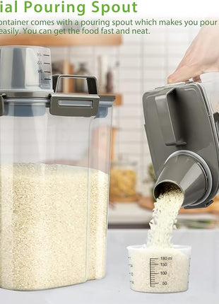 Rice Airtight Storage Container, 3 to 5Lbs Cereal Dry Food Flour Bin, Pet Dog Cat Food Dispenser with Measuring Cup, BPA Free Clear Plastic Kitchen and Pantry Organization Bin for Sugar